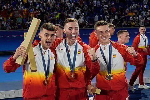 2024 Paris Olympics Football: Spain players pose with gold medal